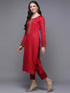 Cotton Red Embroidered Straight Kurta Pant With-VKSKD1950_XS