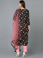 Cotton Blend Black Floral Printed Straight Kurta