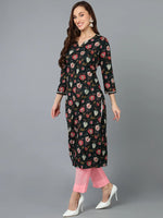 Cotton Blend Black Floral Printed Straight Kurta