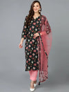 Cotton Blend Black Floral Printed Straight Kurta