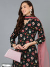 Cotton Blend Black Floral Printed Straight Kurta