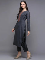 Cotton Grey Embroidered Straight Kurta Pant With-VKSKD1949_XS