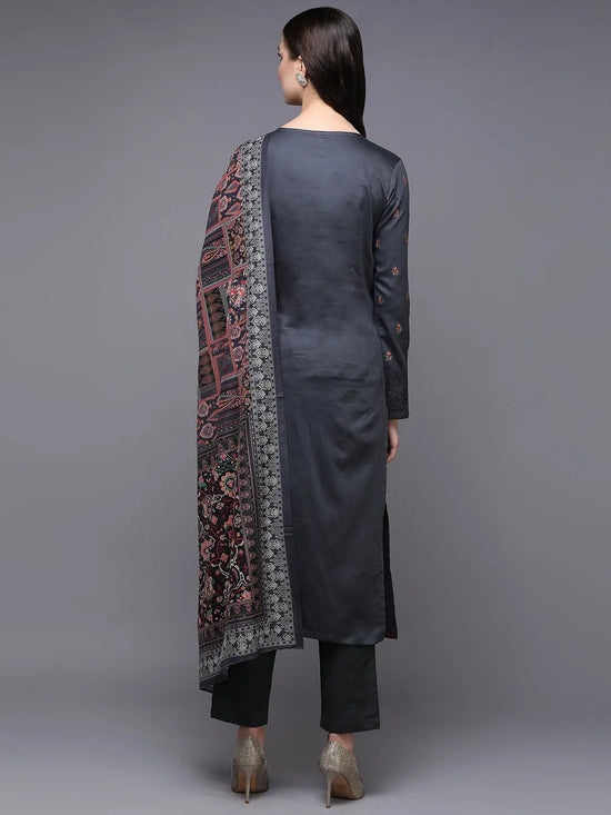 Cotton Grey Embroidered Straight Kurta Pant With-VKSKD1949_XS