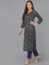 Cotton Navy Blue Printed Straight Kurta Pant