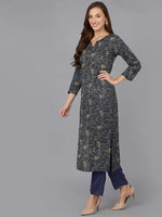 Cotton Navy Blue Printed Straight Kurta Pant