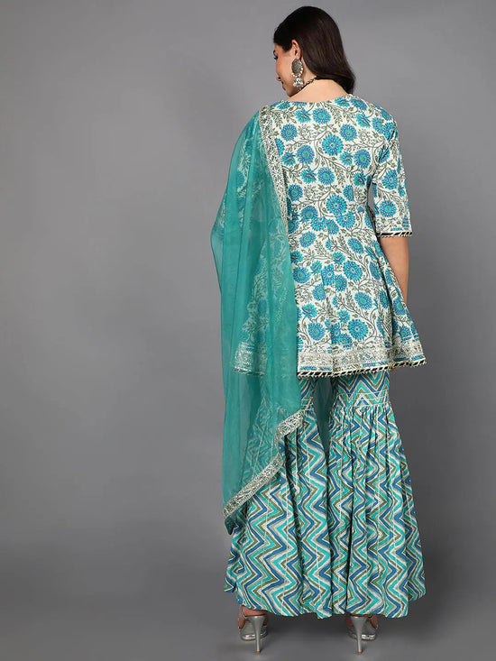 Ahika Cotton Floral Printed Kurta Sharara Dupatta