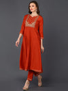 Cotton Rust Orange Embroidered Flared Kurta Pant