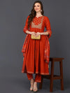 Cotton Rust Orange Embroidered Flared Kurta Pant