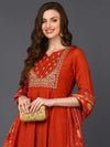 Cotton Rust Orange Embroidered Flared Kurta Pant