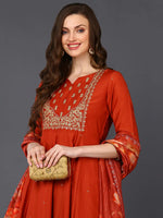 Cotton Rust Orange Embroidered Flared Kurta Pant