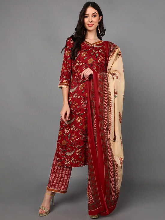 Ahika Cotton Floral Printed Kurta Trousers Dupatta-VKSKD1425_S