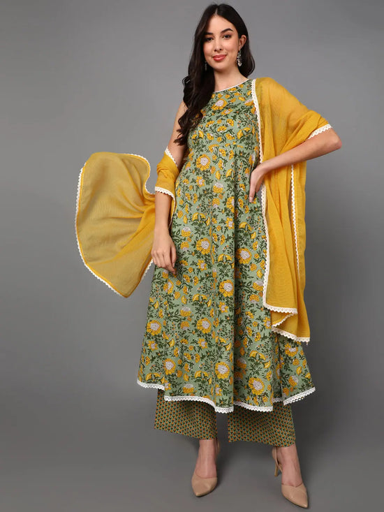 Ahika Cotton Floral Printed Kurta Palazzos Dupatta