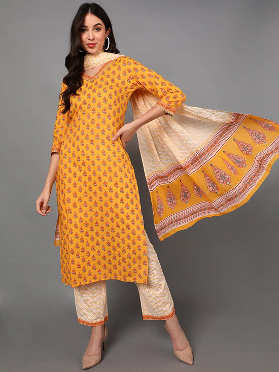 Ahika Cotton Printed Kurta Trousers Dupatta Set-VKSKD1430_S