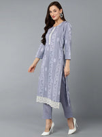 Silk Blend Periwinkle Straight Kurta Pant With-VKSKD1836_XS