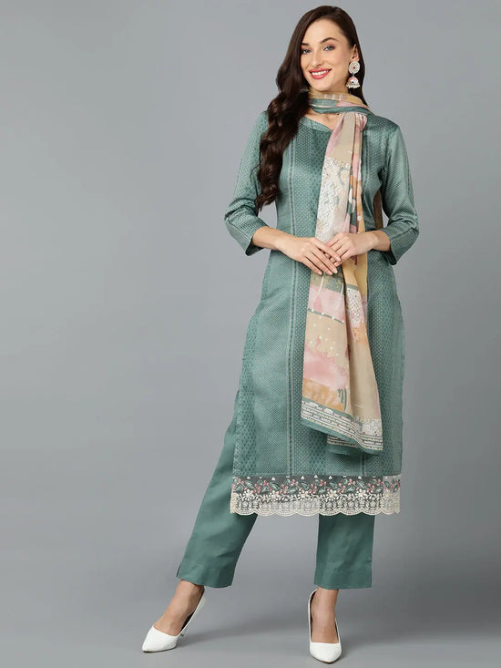 Silk Blend Sea Green Printed Straight Kurta-VKSKD1825_XS