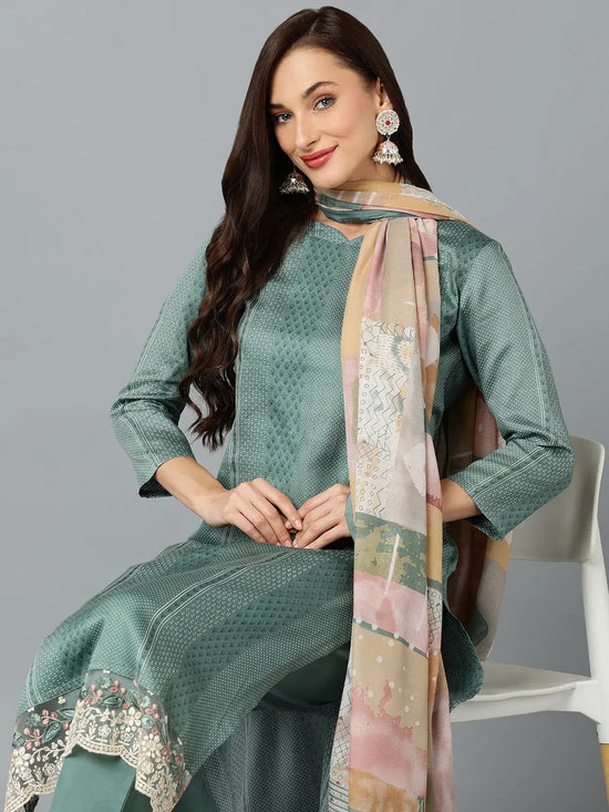 Silk Blend Sea Green Printed Straight Kurta-VKSKD1825_XS