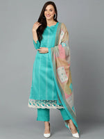 Silk Blend Aqua Blue Straight Kurta Pant-VKSKD1829_XS