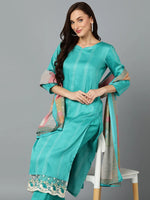 Silk Blend Aqua Blue Straight Kurta Pant-VKSKD1829_XS