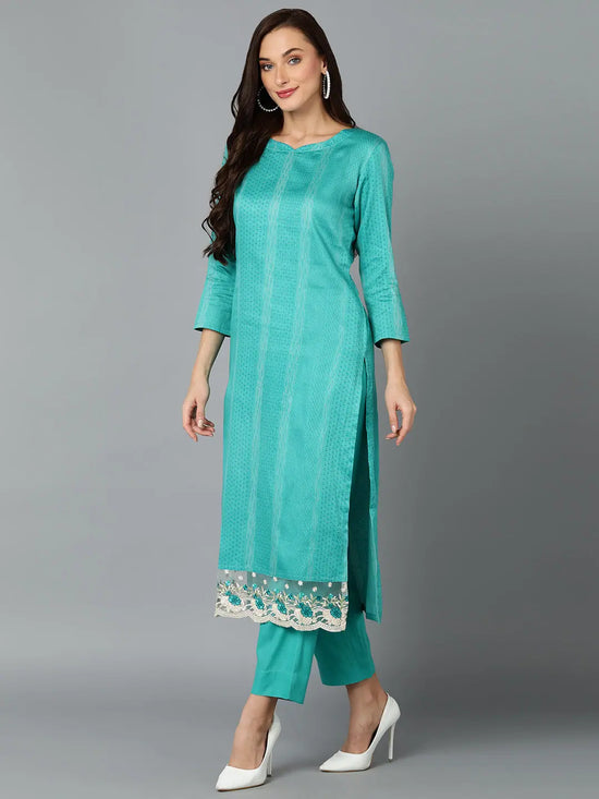 Silk Blend Aqua Blue Straight Kurta Pant-VKSKD1829A_XS