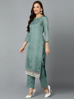 Silk Blend Sea Green Printed Straight Kurta-VKSKD1825A_XS