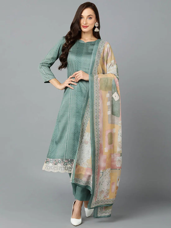 Silk Blend Sea Green Printed Straight Kurta-VKSKD1825A_XS