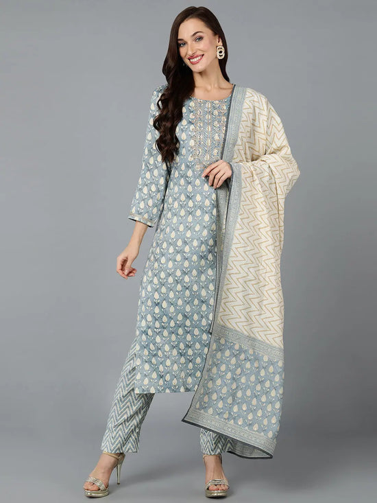 Silk Blend Blue Embroidered Straight Kurta Pant