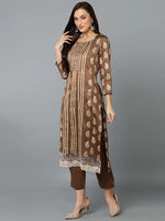 Silk Blend Mocha Brown Printed Straight Kurta-VKSKD1826A_XS