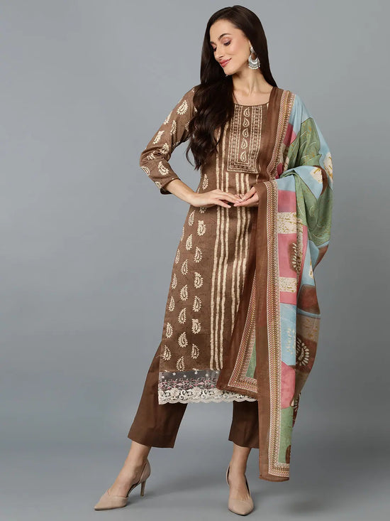 Silk Blend Mocha Brown Printed Straight Kurta-VKSKD1826A_XS