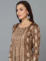 Silk Blend Mocha Brown Printed Straight Kurta-VKSKD1826_XS