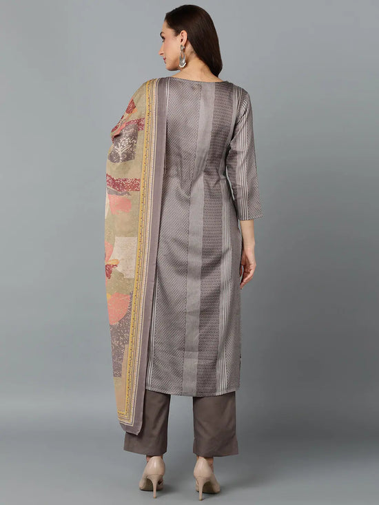 Silk Blend Taupe Printed Straight Kurta Pant-VKSKD1822_XS