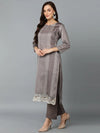 Silk Blend Taupe Printed Straight Kurta Pant-VKSKD1822_XS