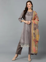 Silk Blend Taupe Printed Straight Kurta Pant-VKSKD1822_XS