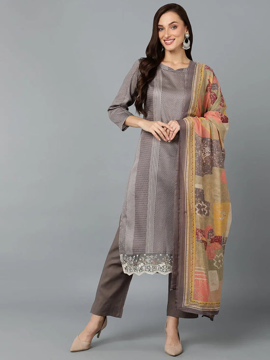 Silk Blend Taupe Printed Straight Kurta Pant-VKSKD1822_XS