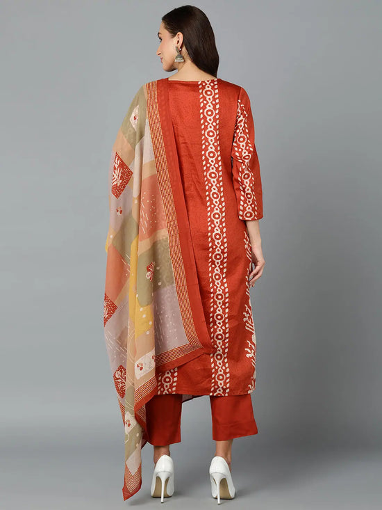 Silk Blend Rust Printed Straight Kurta Pant-VKSKD1823_XS