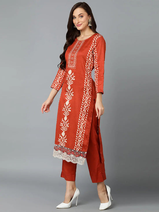 Silk Blend Rust Printed Straight Kurta Pant-VKSKD1823_XS