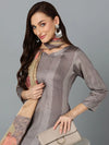 Silk Blend Taupe Printed Straight Kurta Pant-VKSKD1822A_XS