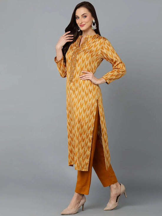 Silk Blend Ochre Yellow Straight Kurta Pant-VKSKD1815_XS