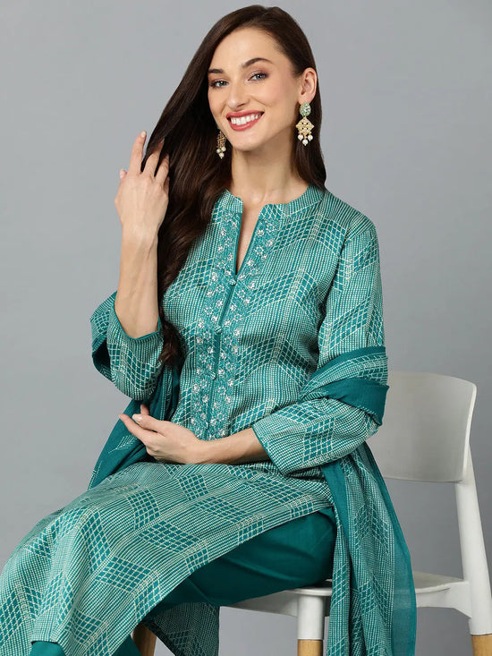 Silk Blend Rama Green Straight Kurta Pant-VKSKD1814_XS