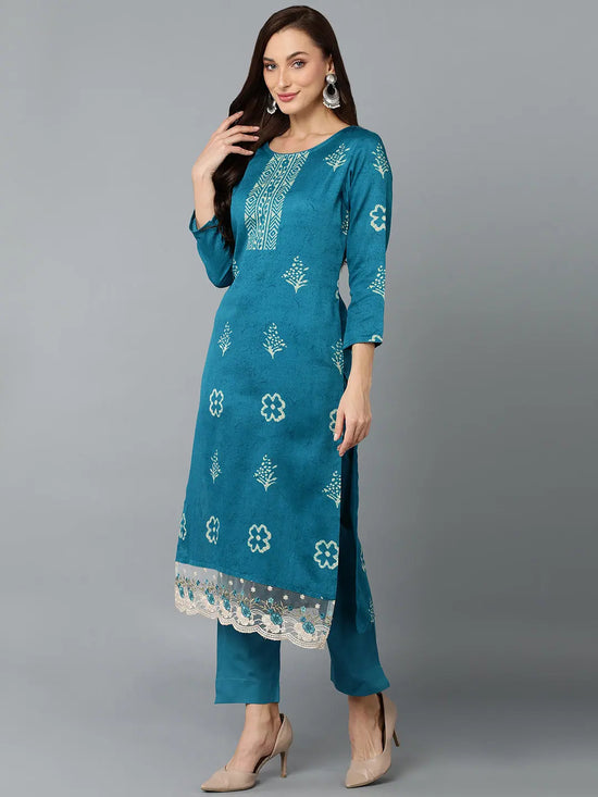 Silk Blend Firozi Printed Straight Kurta Pant-VKSKD1821A_XS