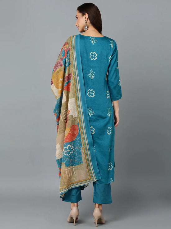 Silk Blend Firozi Printed Straight Kurta Pant-VKSKD1821A_XS