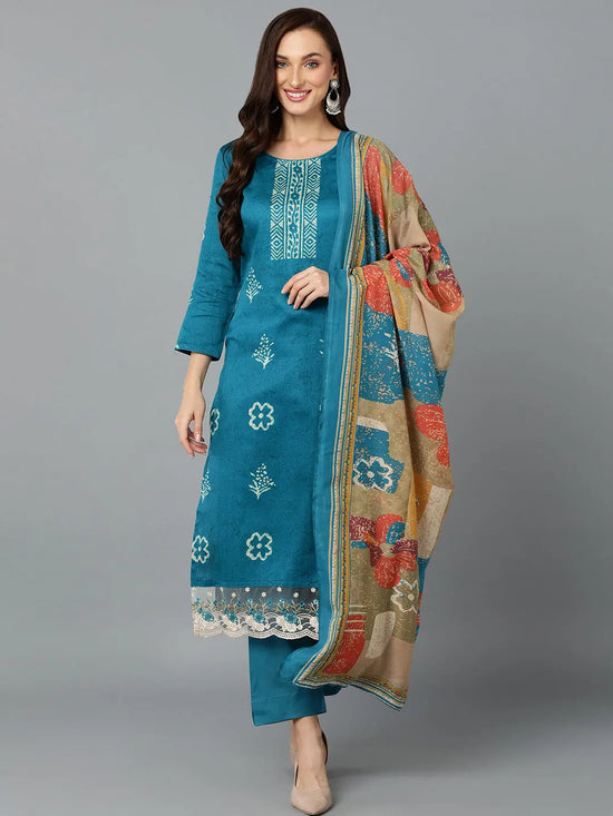 Silk Blend Firozi Printed Straight Kurta Pant-VKSKD1821A_XS