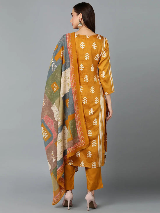 Silk Blend Ochre Yellow Straight Kurta Pant-VKSKD1806A_XS