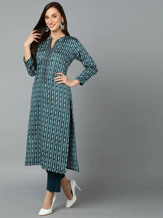 Silk Blend Teal Straight Kurta Pant With-VKSKD1810_XS