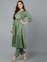 Silk Blend Fern Green Flared Kurta With