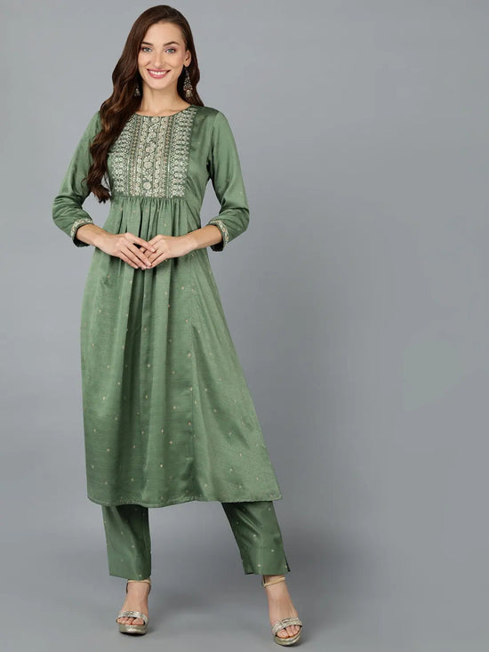 Silk Blend Fern Green Flared Kurta With