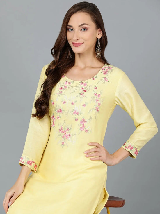 Silk Blend Lemon Yellow Straight Kurta With