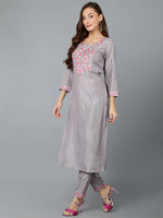 Silk Blend Steel Grey Straight Kurta With