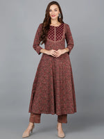 Maroon Cotton Blend Flared Kurta With Pant