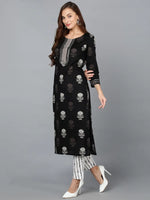 Black Cotton Blend Straight Kurta With Pant-VKSET1386_XS