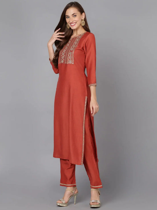 Rust Silk Blend Embroidered Party wear Suit